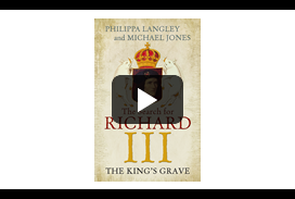 a video screen with The Search for Richard III book cover